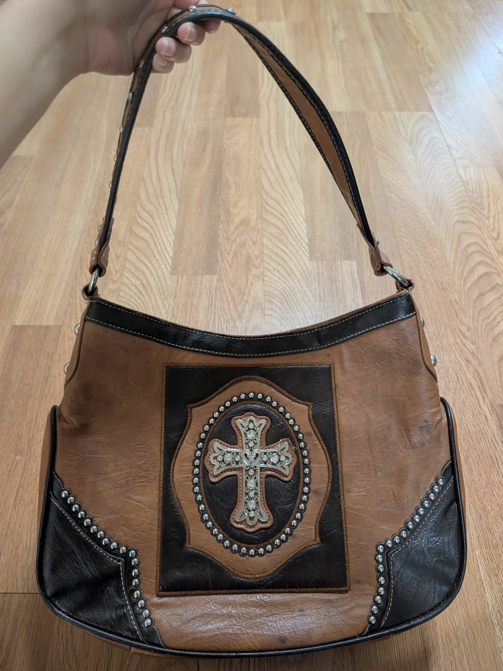 Y2K Women's Brown Embellished Cross Hobo Bag